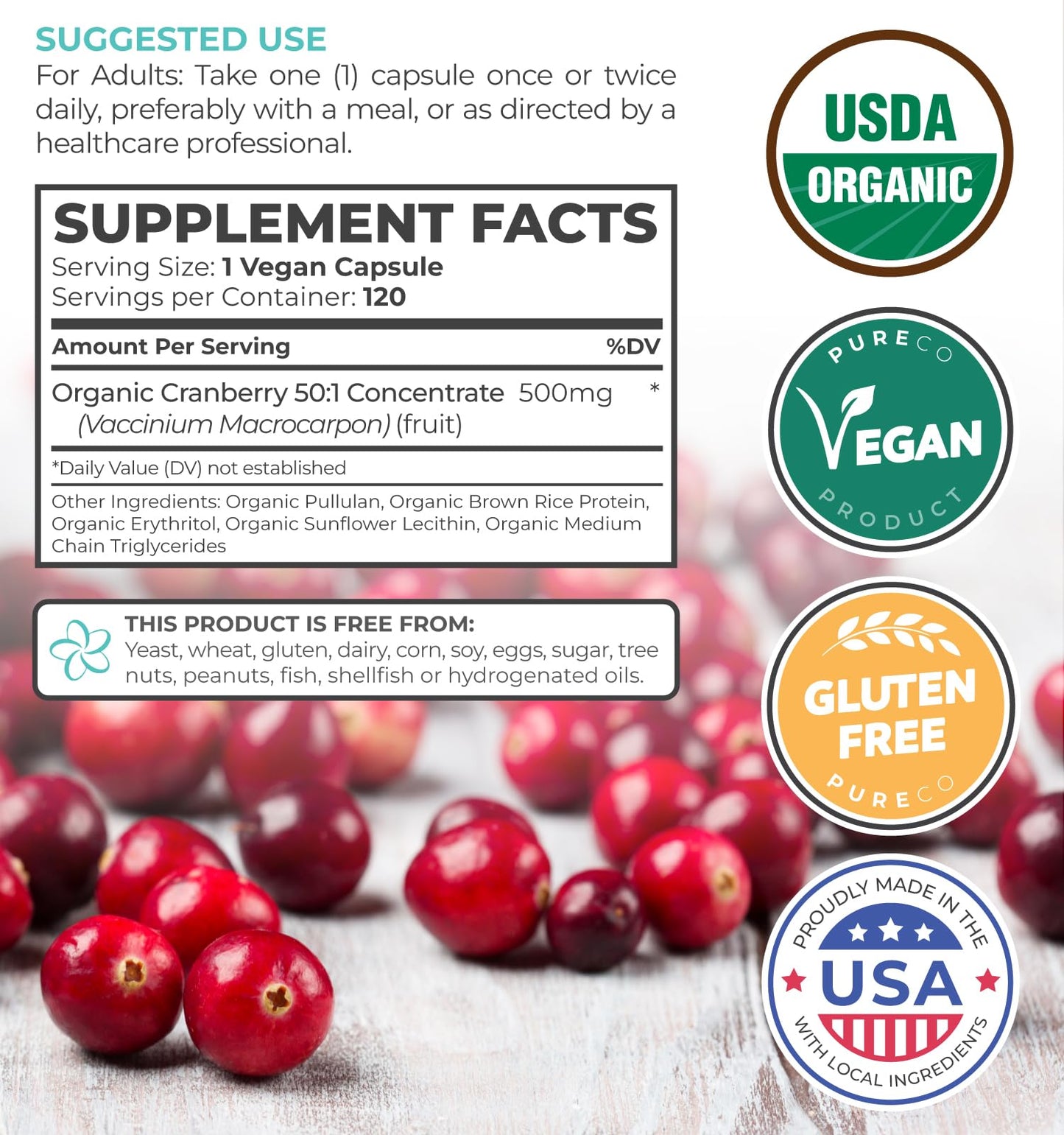 Organic Cranberry Pills - 50:1 Concentrate Equals 25,000mg of Fresh Cranberries (Vegan) for Urinary Tract Health & Kidney Cleanse - Cranberry Pills for Women - UTI Support Supplement - 60 Capsules