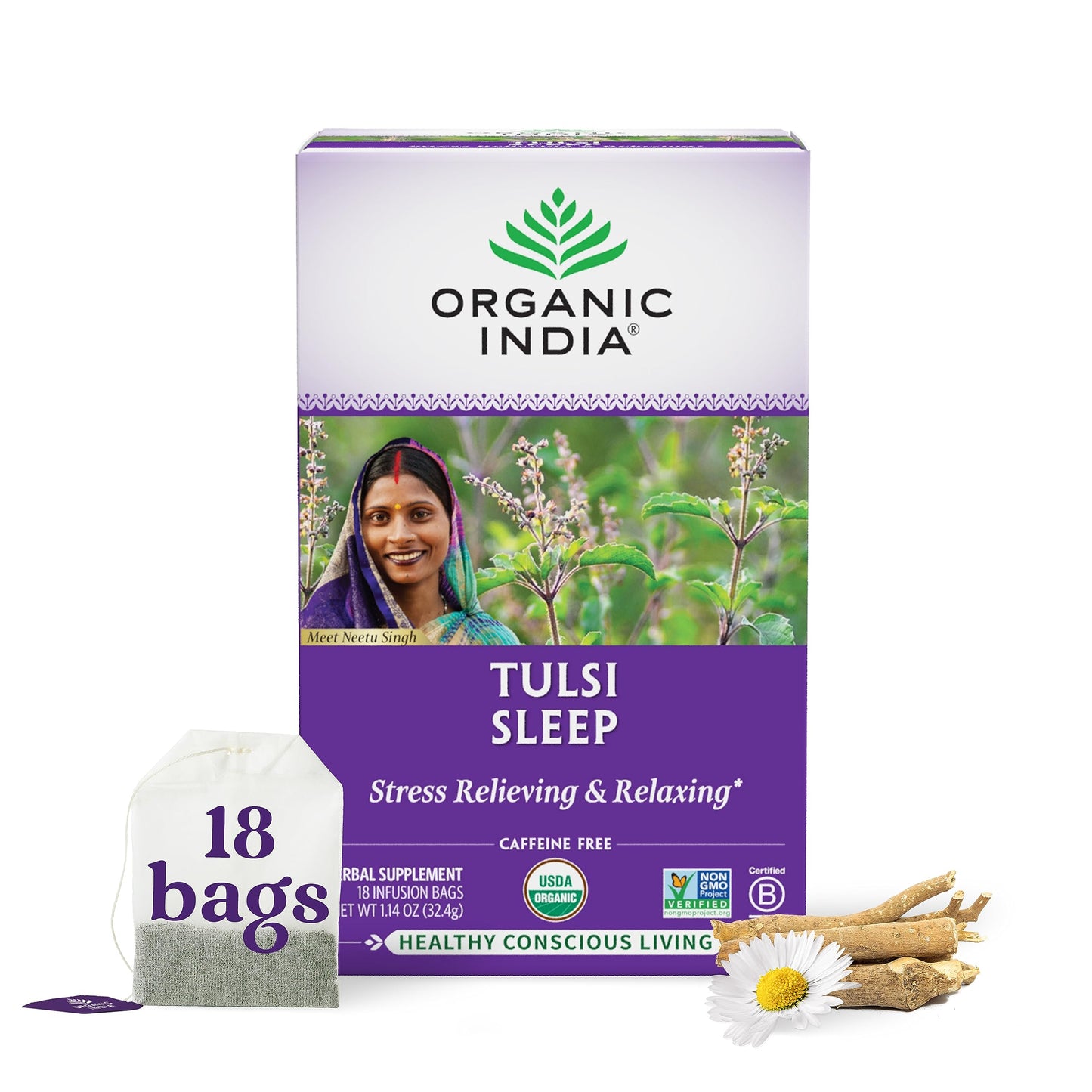 ORGANIC INDIA Original Tulsi Tea - Herbal Tea, Holy Basil and African Basil Calming and Stress Relief Tea, Immune Support, USDA Certified Organic, Non-GMO, Caffeine-Free - 18 Infusion Bags, 2 Pack