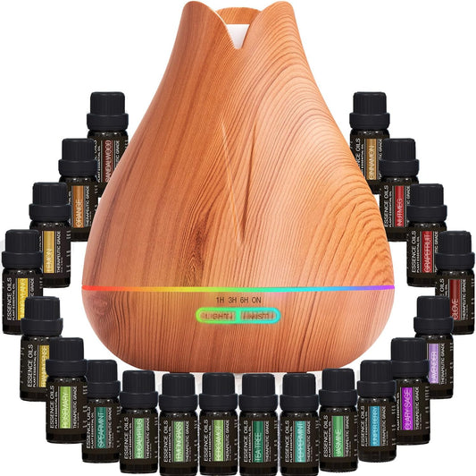 Aromatherapy Essential Oil Diffuser Gift Set - 400ml Ultrasonic Diffuser with 20 Essential Plant Oils - 4 Timer & 7 Ambient Light Settings - Therapeutic Grade