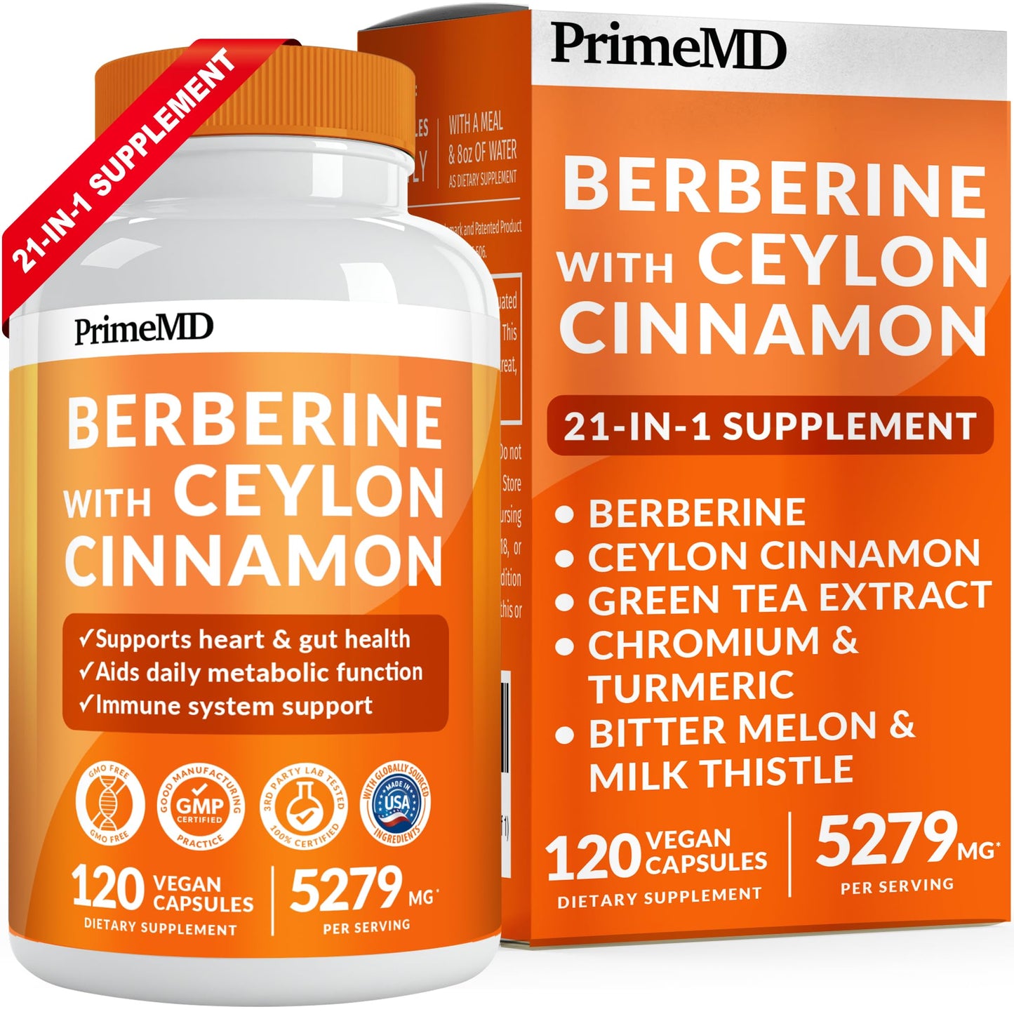 PrimeMD 21-in-1 Berberine Supplement with Ceylon Cinnamon - Berberine 1500mg with Chromium, Bitter Melon and Green Tea Extract - Berberine 5X for Energy & Metabolism Support with 5279 mg (120ct)