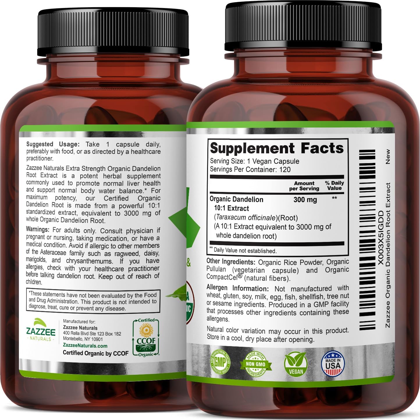 Zazzee USDA Organic Dandelion Root 10:1 Extract, 3000 mg Strength, 120 Capsules, 4 Month Supply, Standardized and Concentrated 10X Extract, 100% Vegetarian, All-Natural and Non-GMO