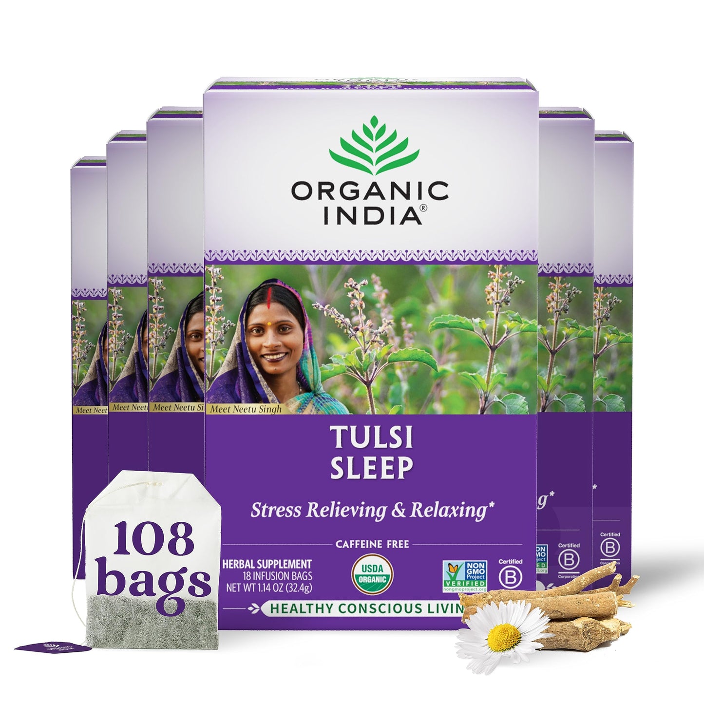 ORGANIC INDIA Original Tulsi Tea - Herbal Tea, Holy Basil and African Basil Calming and Stress Relief Tea, Immune Support, USDA Certified Organic, Non-GMO, Caffeine-Free - 18 Infusion Bags, 2 Pack