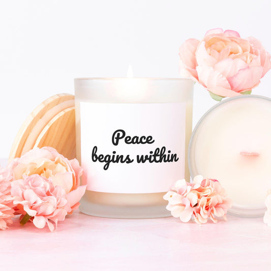 Peace begins within - Candle Frosted (Pink Wick) Glass